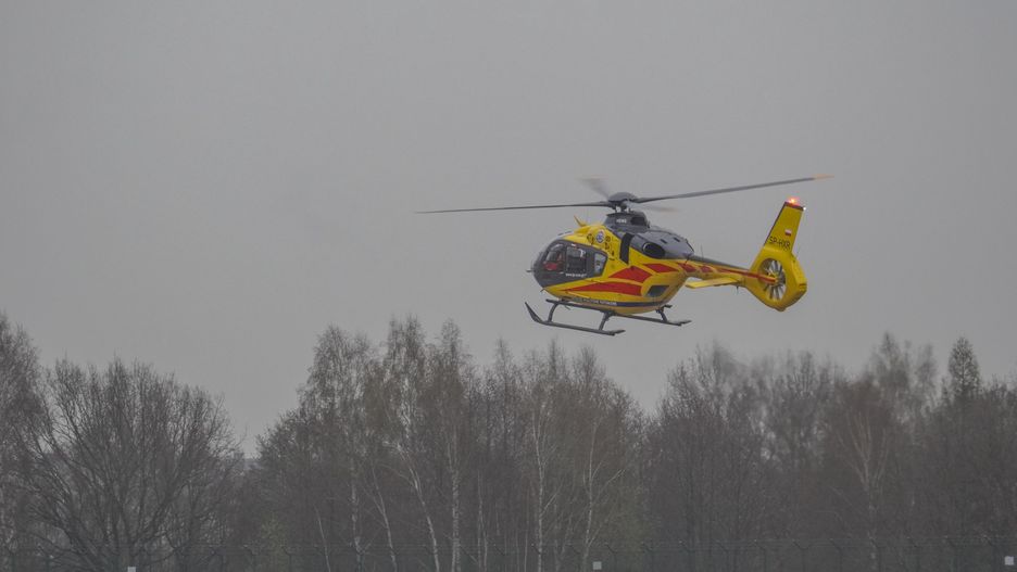 An air ambulance (LPR) Eurocopter helicopter is being seen at Lech Walesa Airport (EPGD) in Gdansk, Poland, on April 1, 2024. (Photo by Michal Fludra/NurPhoto via Getty Images)