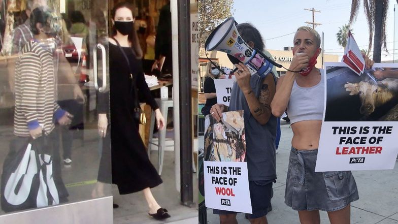 Angelina Jolie robi zakupy w sklepie, w którym zorganizowano pikietę przeciw wykorzystywaniu zwierząt przez branżę fashion