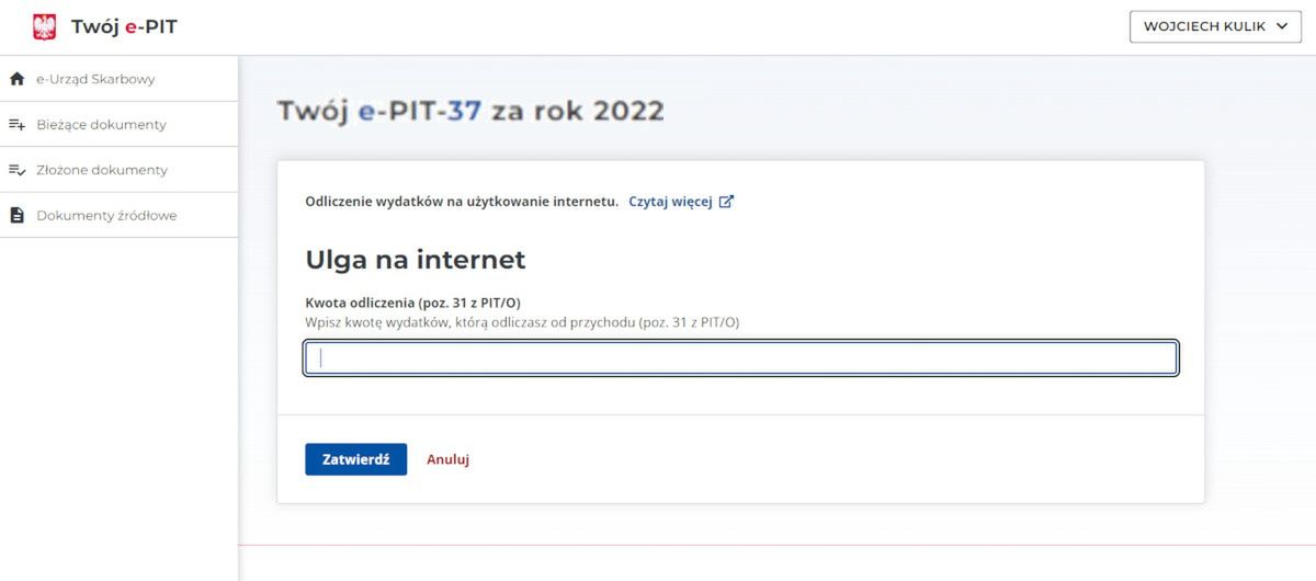 Tutaj wpisuje się kwotę do rozliczenia ulgi na internet