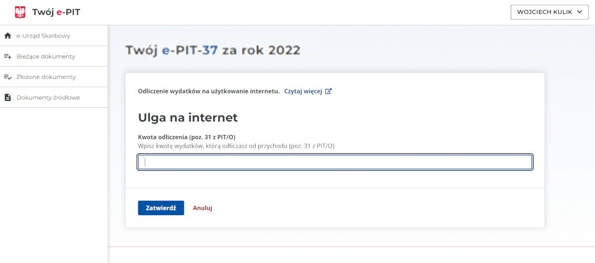 Tutaj wpisuje się kwotę do rozliczenia ulgi na internet