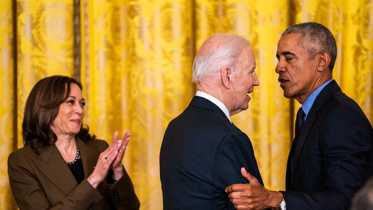 WASHINGTON, DC  April 5, 2022:

US President Joe Biden, Former President Barack Obama, and Vice President Kamala Harris during an event on the Affordable Care Act and lowering health care costs for families in the East Room of The White House on Tuesday April 5, 2022. 
(Photo by Demetrius Freeman/The Washington Post via Getty Images)