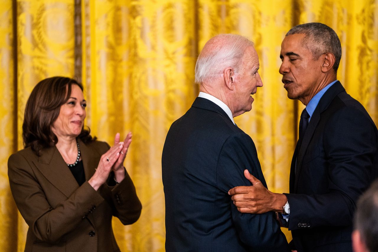 Joe Biden, former president Barack Obama and vice-president Kamala Harris