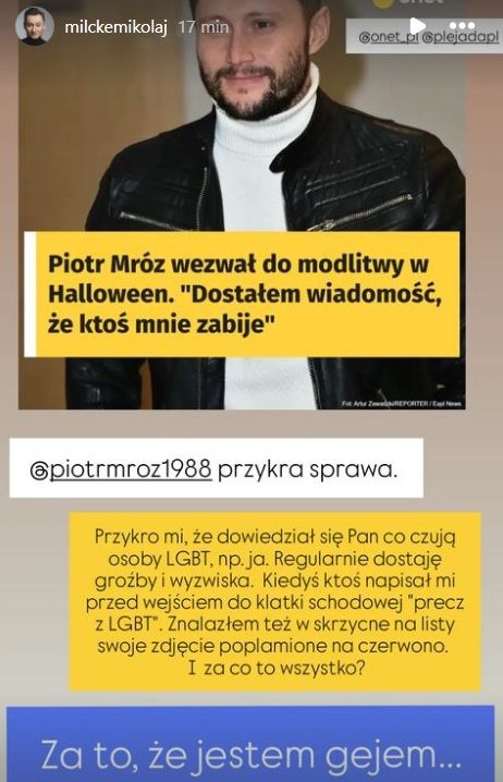 Wpis Mikołaja Milcke na Instagramie