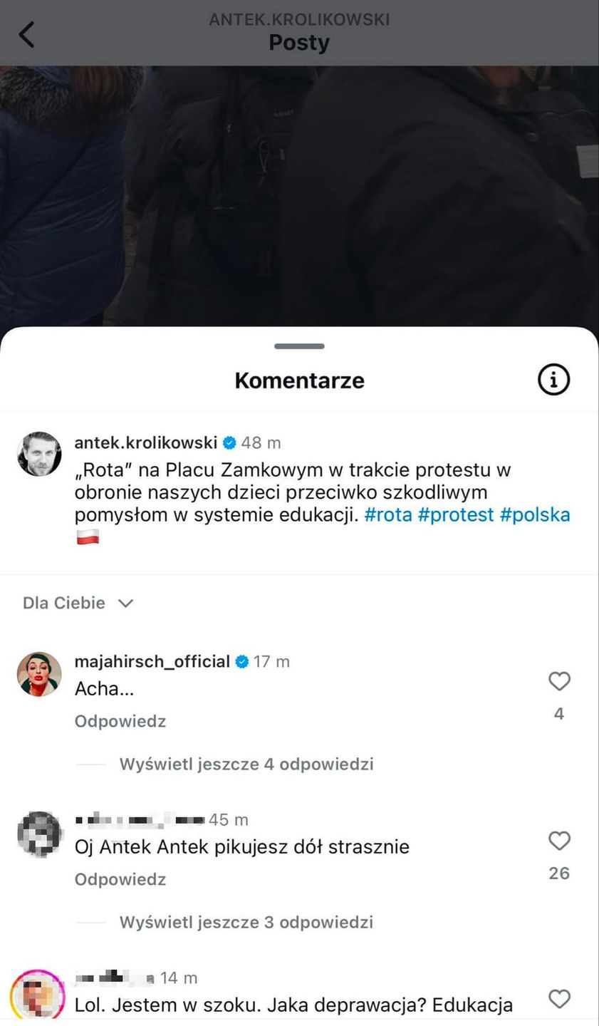 Maja Hirsch zareagowała na wpis Antoniego Królikowskiego