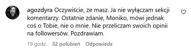 Komentarz Agnieszki Gozdyry na Instagramie