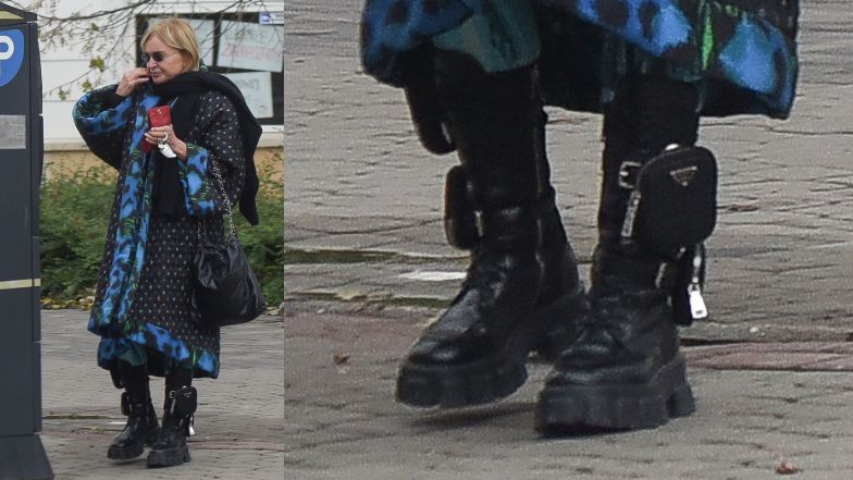 Monika Olejnik spaceruje po Warszawie we wzorzystym kimonie i butach Prady