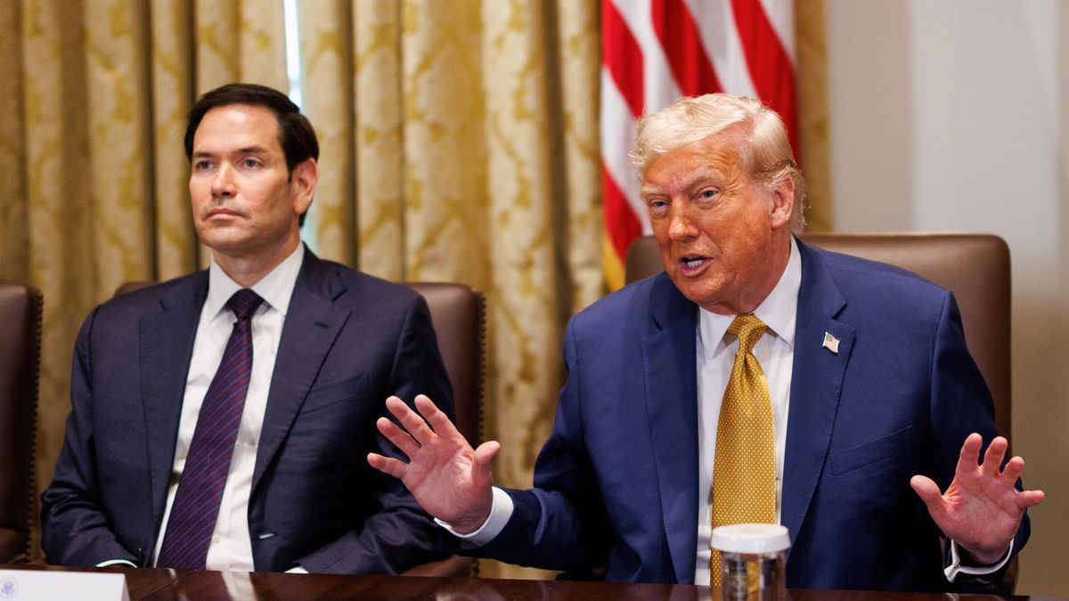 Marco Rubio, US secretary of state, left, and US President Donald Trump during a cabinet meeting at the White House in Washington, DC, US, on Tuesday, July 8, 2025. Trump said his administration is weighing whether to take control of the city of Washington, DC, to help combat crime, in a move that would represent a dramatic upheaval to the capital's half-century of home rule. Photographer: Aaron Schwartz/CNP/Bloomberg via Getty Images