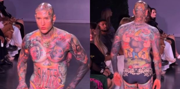 Stifler w BAROKOWYCH GACIACH spaceruje po wybiegu w Nowym Jorku. Fajne ma dziary? (ZDJĘCIA)