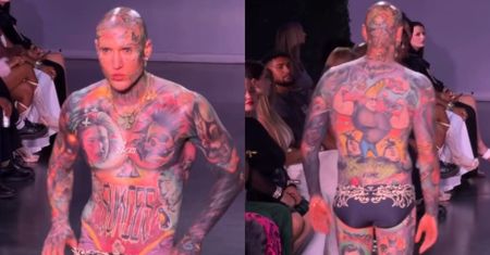 Stifler w BAROKOWYCH GACIACH spaceruje po wybiegu w Nowym Jorku. Fajne ma dziary? (ZDJĘCIA)
