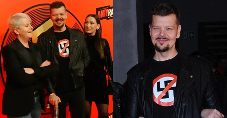 Michał Figurski pozuje o lasce