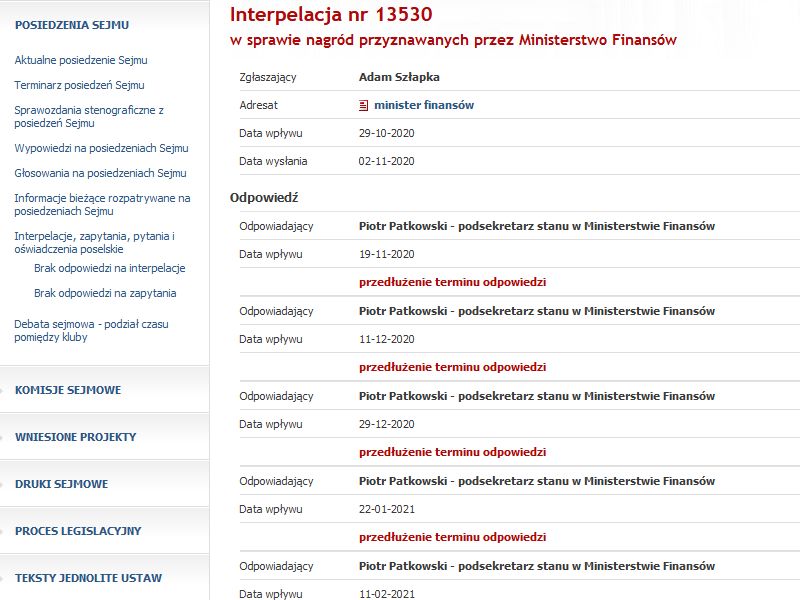 Ministerstwo finansów na pytanie o nagrody nie odpowiada blisko od roku