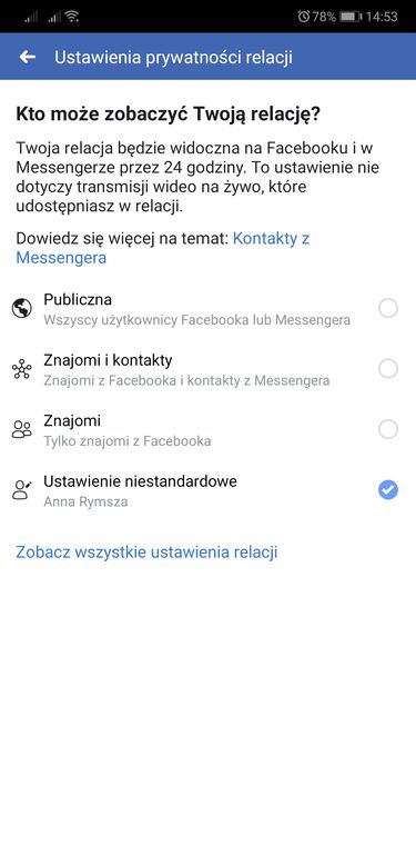 Ustawienia prywatności. Relacja może się pokazać tylko wybranym osobom.