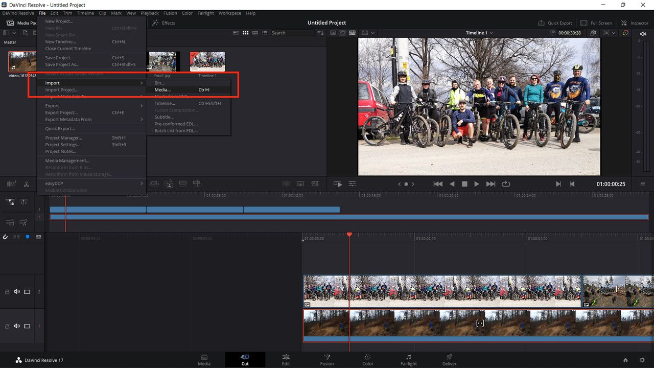 DaVinci Resolve: menu dodawania multimediów