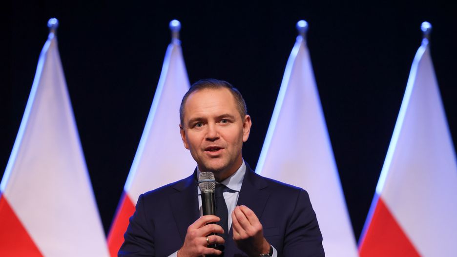 Karol Nawrocki, a historian and head of the Institute of National Remembrance (IPN), speakd during a meeting with residents of Myslenice in Poland on January 21st, 2025. Nawrocki is a candidate backed by the main opposition party Law and Justice (PiS) in the upcoming presidential election in Poland. (Photo by Beata Zawrzel/NurPhoto via Getty Images)