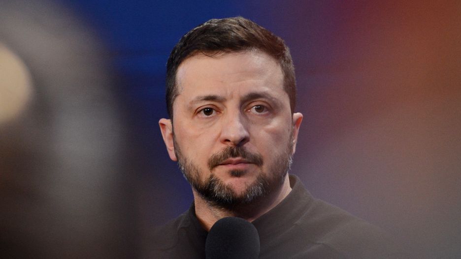 KYIV, UKRAINE - 2025/02/23: President of Ukraine Volodymyr Zelenskyi delivers a speach at a press conference during the forum 'Ukraine. Year 2025'. Forum 'Ukraine. Year 2025' is dedicated to the third anniversary of Russia's full-scale invasion of Ukraine. It discusses the most important issues of the country's development. (Photo by Aleksandr Gusev/SOPA Images/LightRocket via Getty Images)