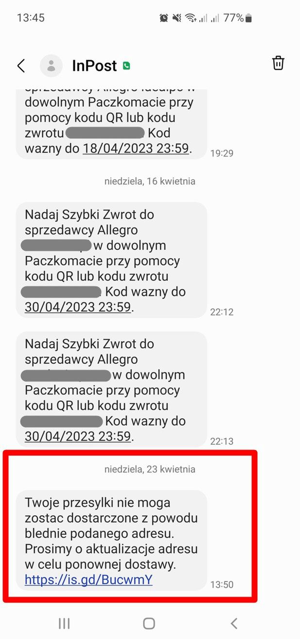 Fałszywy SMS w autentycznym wątku z wiadomościami od InPostu