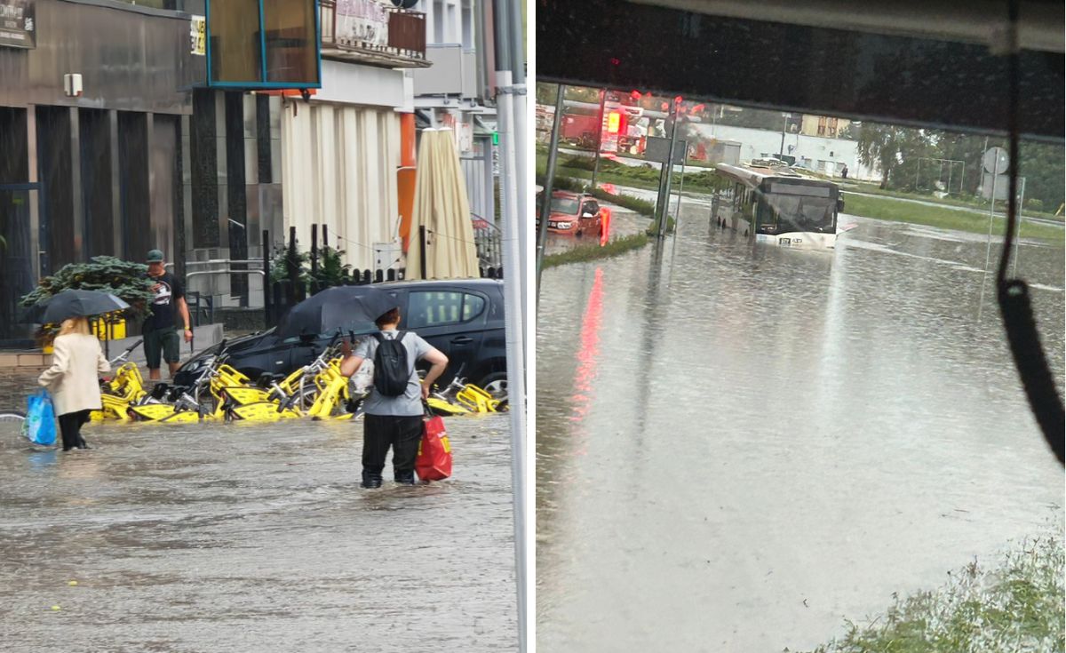 ulewy, zalane ulice, burze, podtopienia Dąbrowa Górnicza zalana po burzach. Na chodnikach woda po kolana