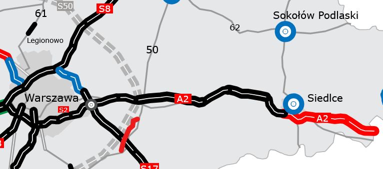 Autostrada A2 na wschód od Warszawy, budowane odcinki na czerwon