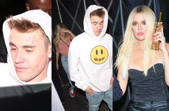 Zmęczony Justin Bieber wychodzi z imprezy w towarzystwie żony i sióstr Kardashian (FOTO)