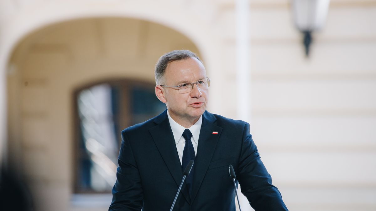 KYIV, UKRAINE - AUGUST 24: Andrzej Duda, President of Poland, speaks during a joint briefing on the 33rd anniversary of the independence of Ukraine on August 24, 2024 in Kyiv, Ukraine.  On August 24, Ukraine celebrates its 1991 declaration of independence from the USSR. For security reasons, no large mass events were held in Kyiv on this day, except some solemn activities. (Photo by Valentyna Polishchuk/Global Images Ukraine via Getty Images)