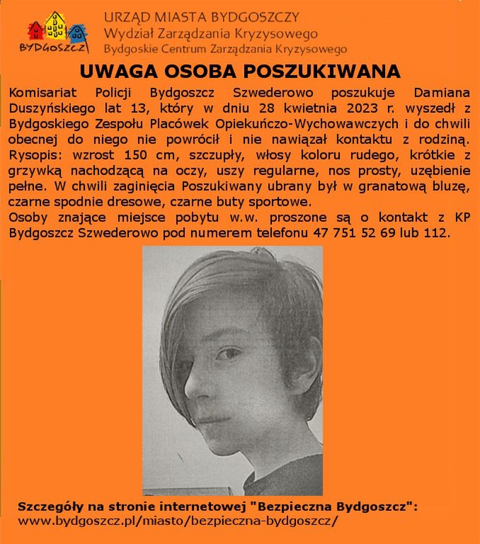 Zaginiony Damian Duszyński. Lat 13. Widziany ostatni raz w Bydgoszczy