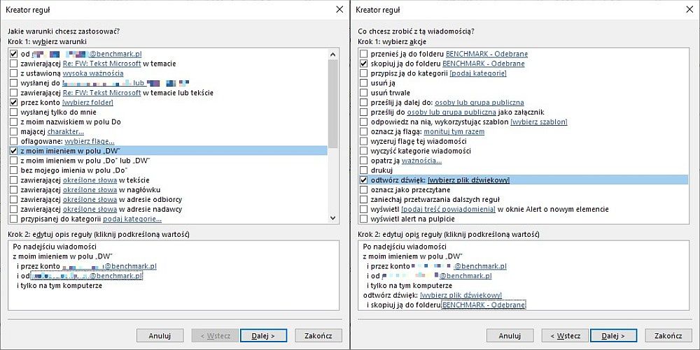 Microsoft Outlook reguły maile