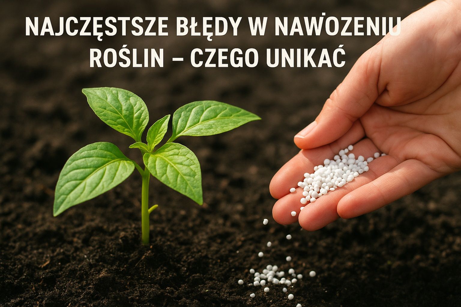 Doniczkowe rośliny z objawami przenawożenia: żółte liście, białe osady na ziemi, butelka nawozu w tle. – ilustracja artykułu