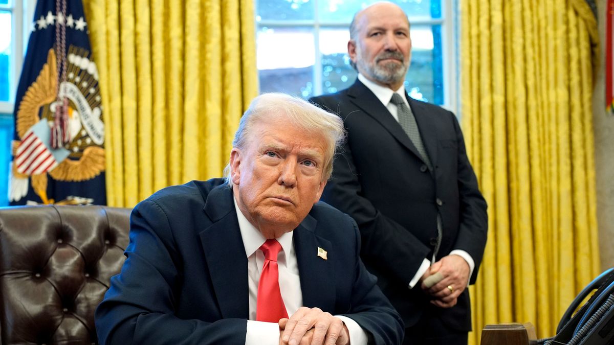 US President Donald Trump, left, and Howard Lutnick, US commerce secretary, during an executive order signing in the Oval Office of the White House in Washington, DC, US, on Tuesday, Feb. 25, 2025. Trump signed an executive action directing the Commerce Department to examine possible copper tariffs, the latest in a string of measures aimed at imposing sector-specific levies that offer to reshape global supply chains. Photographer: Yuri Gripas/Abaca/Bloomberg via Getty Images