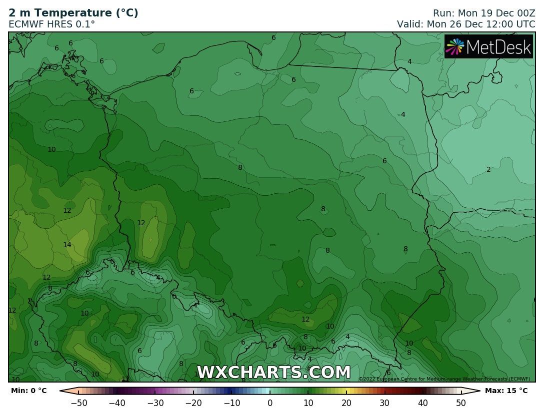 Prognozowany zakres temperatury - 26 grudnia 2022, godzina 11:00