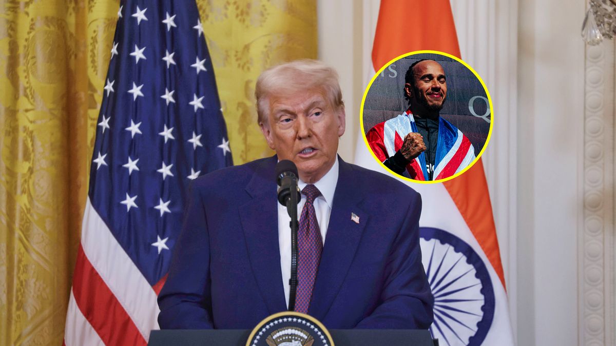 PAP / JASON ANDREW / Mercedes / Na zdjęciu: Donald Trump, w kółku Lewis Hamilton na podium GP Wielkiej Brytanii