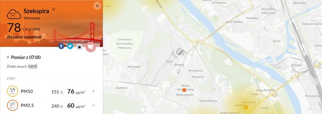W najbardziej zanieczyszczonym miejscu w Warszawie, we wtorkowy poranek stężenie PM 2.5 przekroczone było blisko 2,5-krotnie