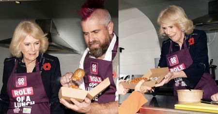 Przyodziana w fartuch królowa Camilla serwuje ziemniaki w food trucku. Jak sobie poradziła? (ZDJĘCIA)