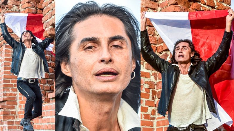 Ivan Komarenko wymachuje biało-czerwoną flagą