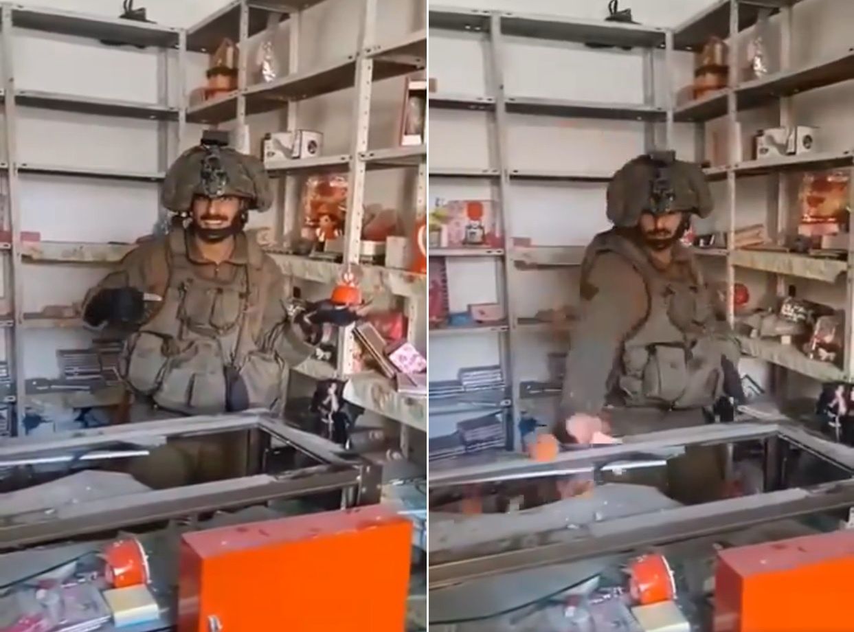 An Israeli is devastating a store in the Gaza Strip.