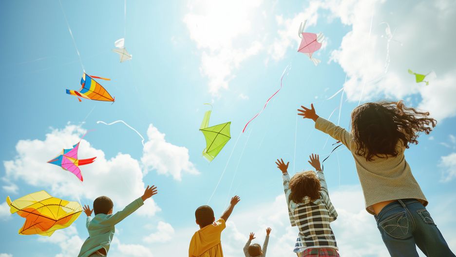 welcoming, spring, children, kites, diverse, group, enjoying, sunny, windy, day, flying, playing, freedom, flight, outdoors, childhood, joy, play, sky, nature, fun, hope, boy, girl, blue, school, holidays, aspirations, free spirit, creativity, concentration, unity, tradition, colorful, euphoria, focus, simplicity, camaraderie, open air, park, field, sun, wind, group activity, happy moments, summer, leisure, kite flying, daylight