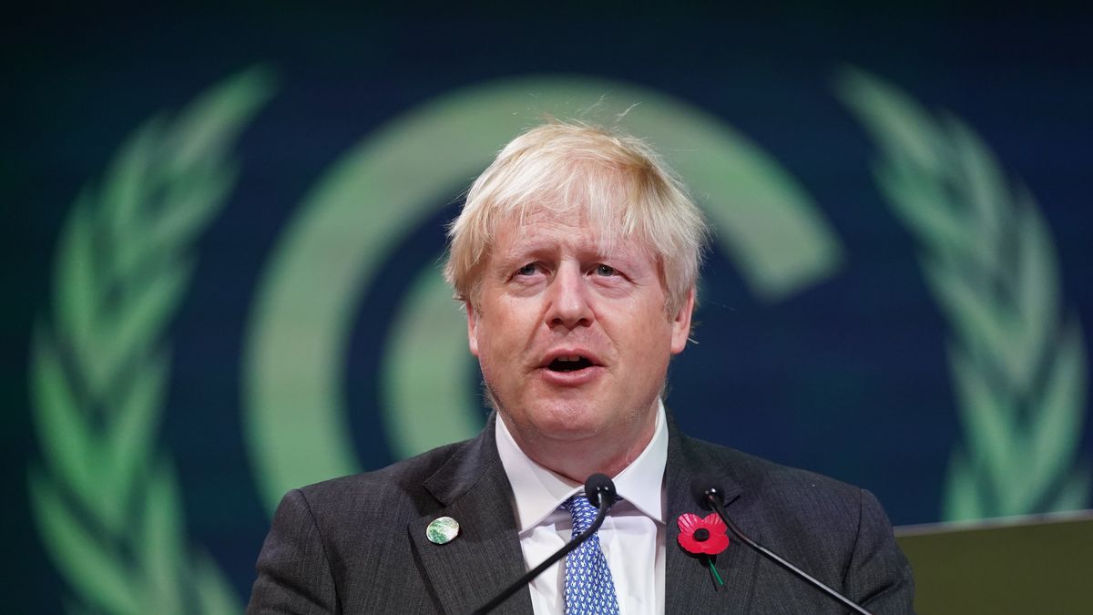 Prime Minister Boris Johnson gives his opening remarks at the Leaders' Action on Forests and Land-use event during the Cop26 summit at the Scottish Event Campus (SEC) in Glasgow. Picture date: Tuesday November 2, 2021. (Photo by Stefan Rousseau/PA Images via Getty Images)