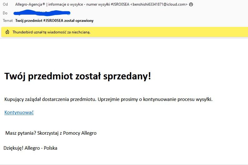 Fałszywa wiadomość e-mail w związku z rzekomą sprzedażą