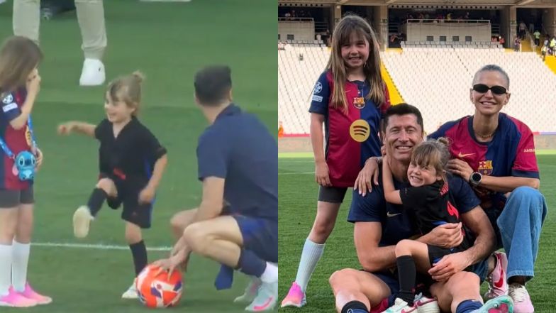 Robert Lewandowski dokazuje z córkami na boisku