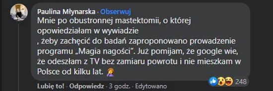 Komentarz Pauliny Młynarskiej w sprawie propozycji prowadzenia "Magii nagości"