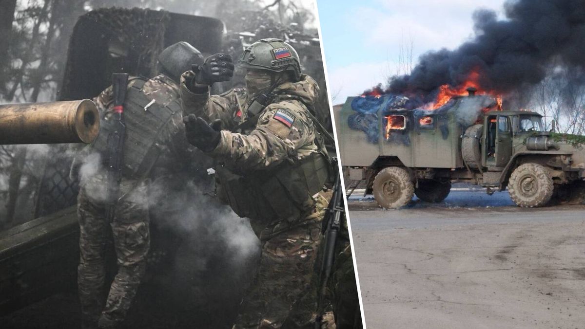 Po lewej: rosyjscy żołnierze. Po prawej: rosyjski pojazd medyczny, który spłonął w pobliżu Awdijiwki 