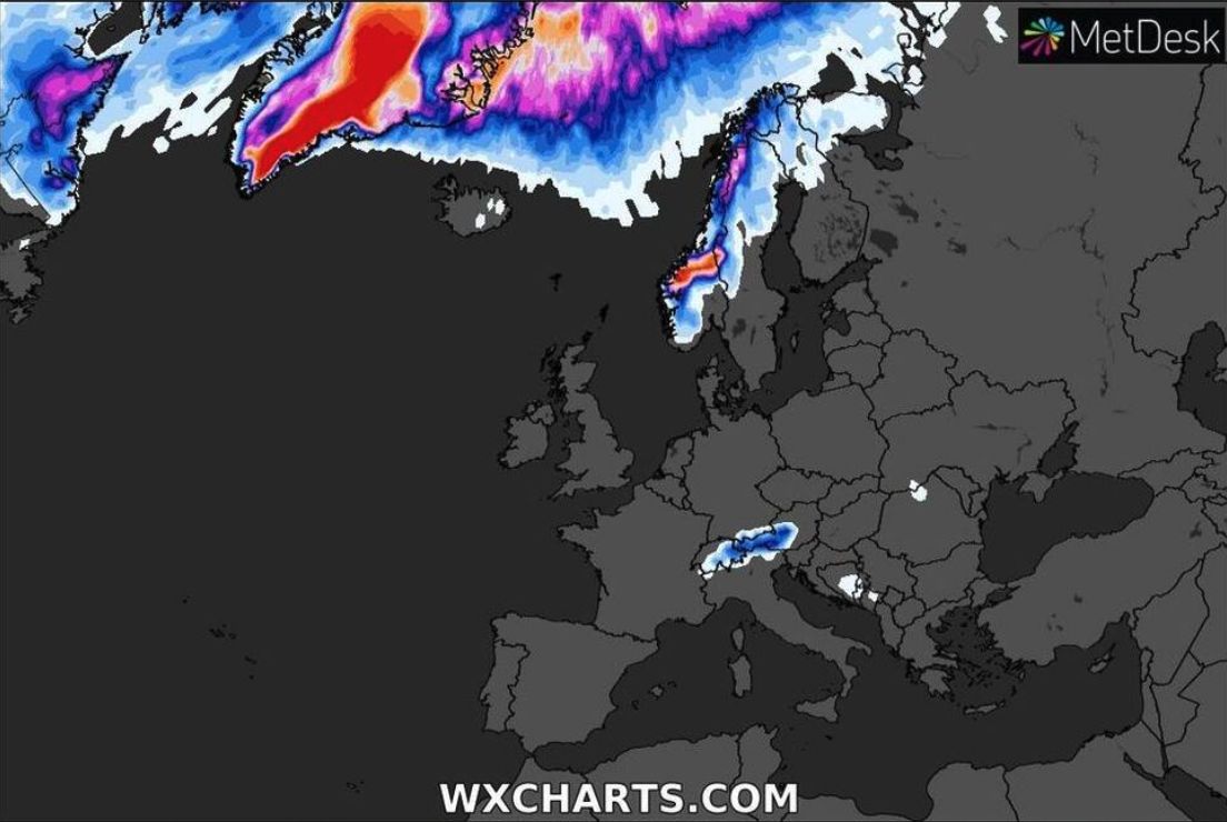 Do Europy nadchodzi ochłodzenie. Pierwszy śnieg w prognozach. Na wykresie prawdopodobieństwo opadów śniegu w Europie na dzień 19 września 2022