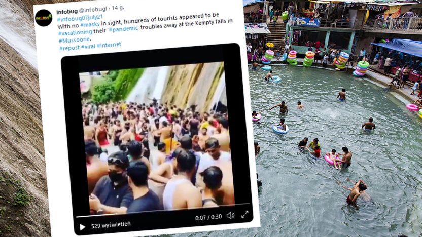 Tłumy nad wodospadami Kempty Falls w Indiach