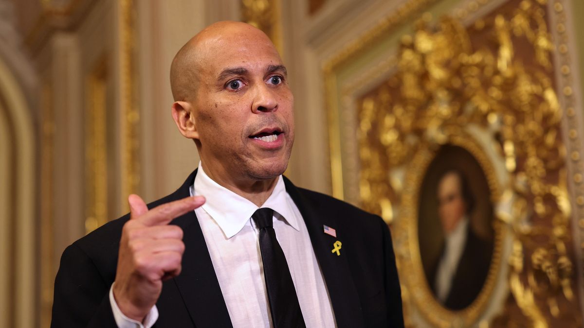 WASHINGTON, DC - APRIL 01: U.S. Sen. Cory Booker (D-NJ) speaks to reporters as he leaves the Senate Chamber after delivering a record setting floor speech at the U.S. Capitol on April 01, 2025 in Washington, DC. Booker spoke on the Senate floor for more than 25 hours protesting President Trump’s agenda, breaking a record set by Sen. Strom Thurmond's 24 hour, 18 minute filibuster against the Civil Rights Act in 1957. (Photo by Tasos Katopodis/Getty Images)