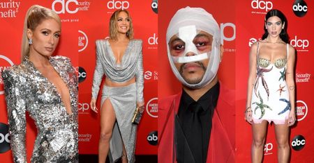 American Music Awards: zjawiskowa Jennifer Lopez, zabandażowany The Weeknd, cekinowa Paris Hilton (ZDJĘCIA)