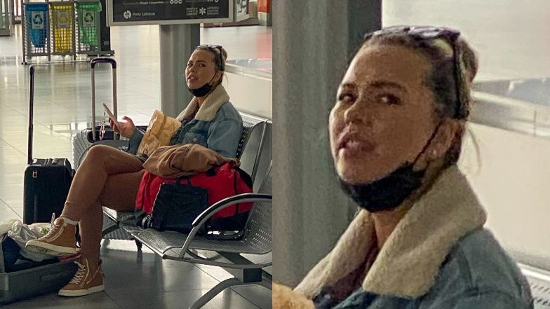 Sandra Kubicka w kapturze i okularach przeciwsłonecznych ukrywa się przed fanami (?) na lotnisku