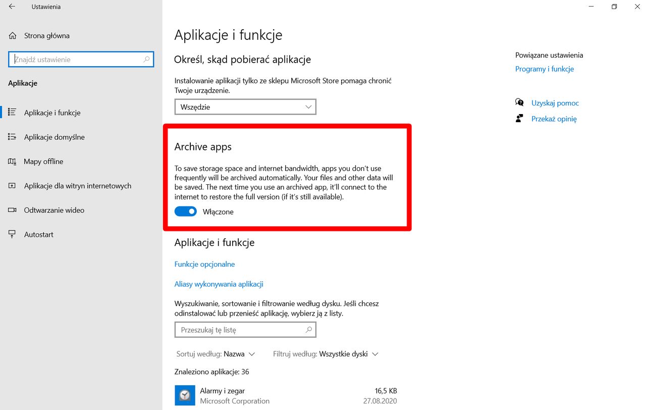 Archiwizacja aplikacji dostępna w Windows 10 dla Insiderów (kanał Dev), fot. Oskar Ziomek.
