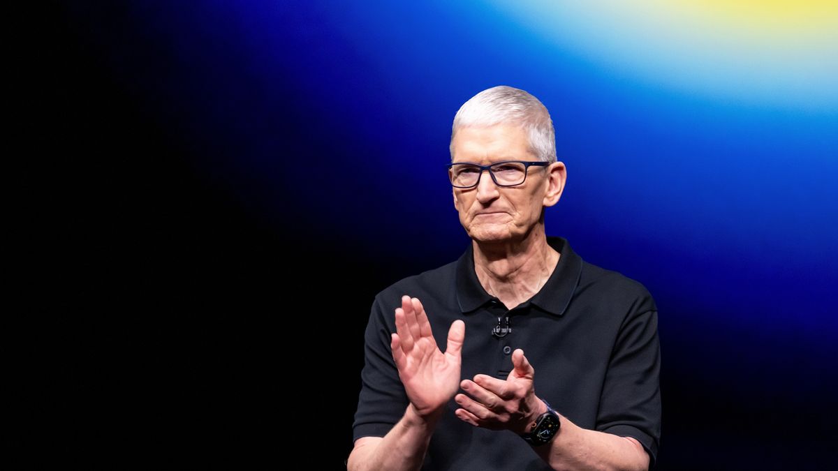 Tim Cook, chief executive officer of Apple Inc., inside the Steve Jobs Theater during an event at Apple Park campus in Cupertino, California, US, on Tuesday, Sept. 9, 2025. Apple Inc. is holding its biggest product launch event of the year Tuesday, when the company is set to unveil the new iPhone 17 lineup, smartwatches and AirPods ahead of the holiday season. Photographer: David Paul Morris/Bloomberg via Getty Images
