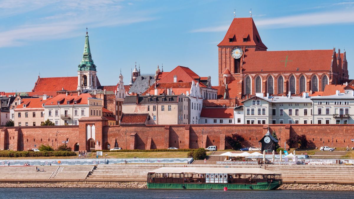 architecture, blue, building, torun, cathedral, church, city, europe, famous, history, landmark, medieval, old, outdoor, poland, river, sky, summer, tourism, tower, town, travel, urban, view, water