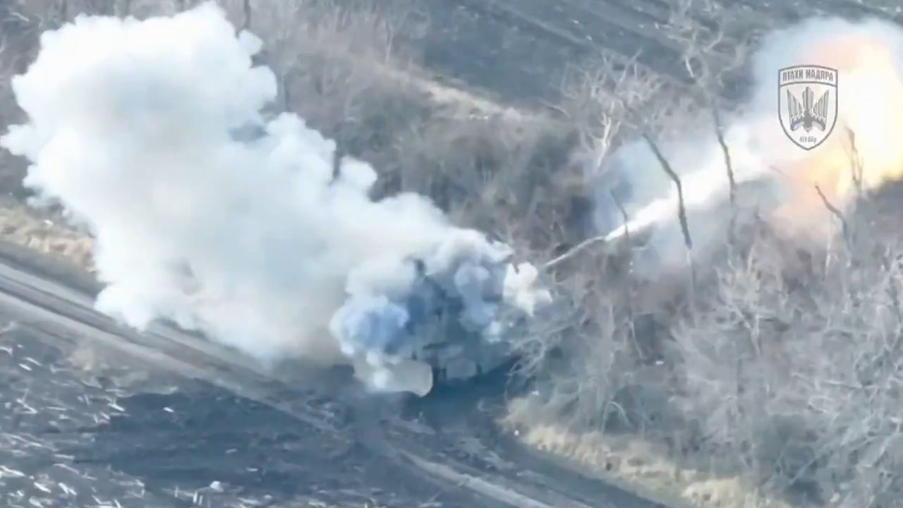 Russian T-90M tank after being hit by an FPV drone.