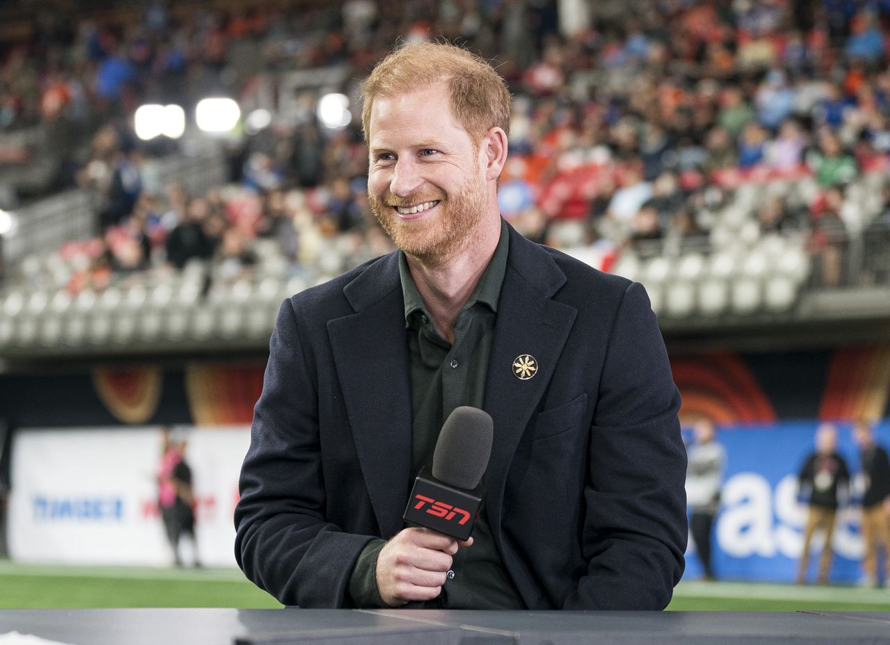 VANCOUVER, CANADA - NOVEMBER 17: Prince Harry during a TV interview during pre-game festivities prior to the start of the 2024 Grey Cup at BC Place on November 17, 2024 in Vancouver, Canada. (Photo by Rich Lam/Getty Images)